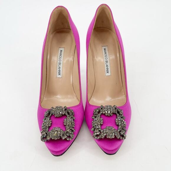 Manolo Blahnik Fuchsia Hangisi Satin Pointed Toe Crystal Detailed Pump IT 37.5 - Picture 5 of 12